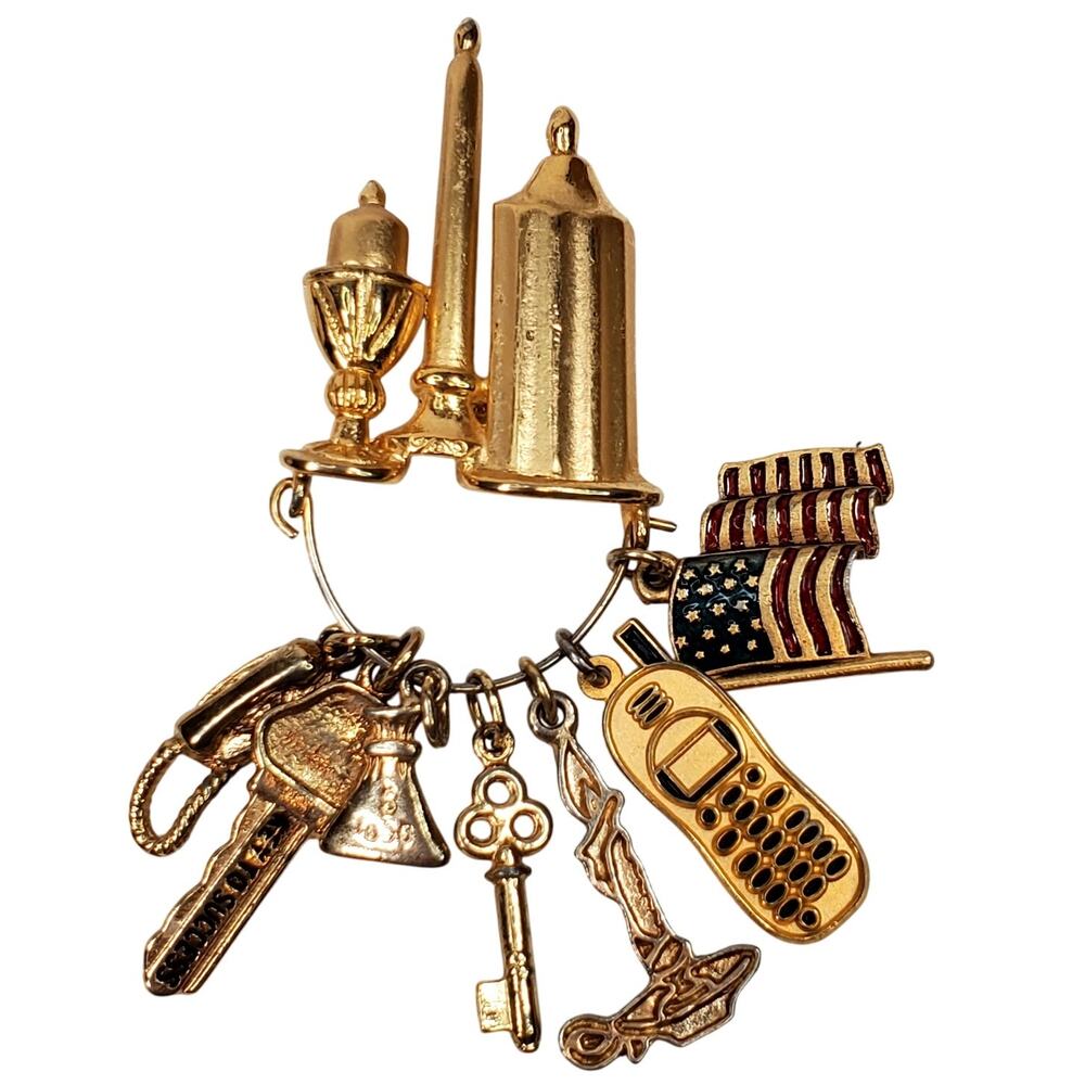 Vtg 3 Candle Dangle Charms Pin Phone American Flag Key Chain 3" Patriotic Retro